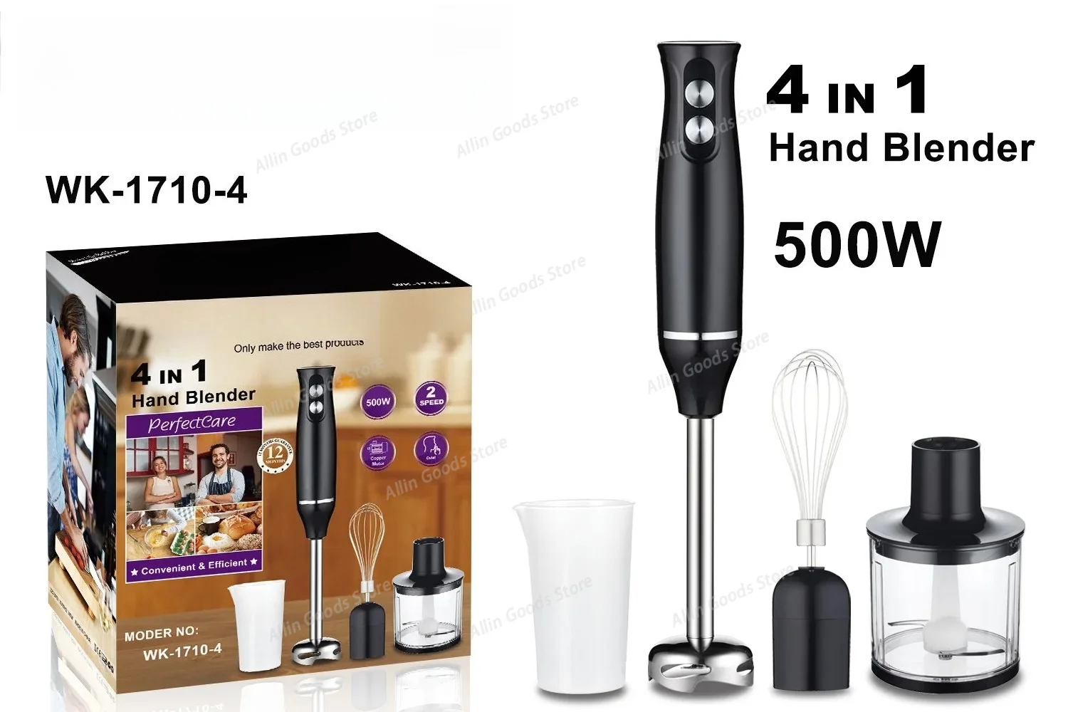 4IN1 Multifunctional Handheld Food Mixer 500W Electric Food Blender Stainless Steel Fast Stirring Meat Fruit Vegetable Processor