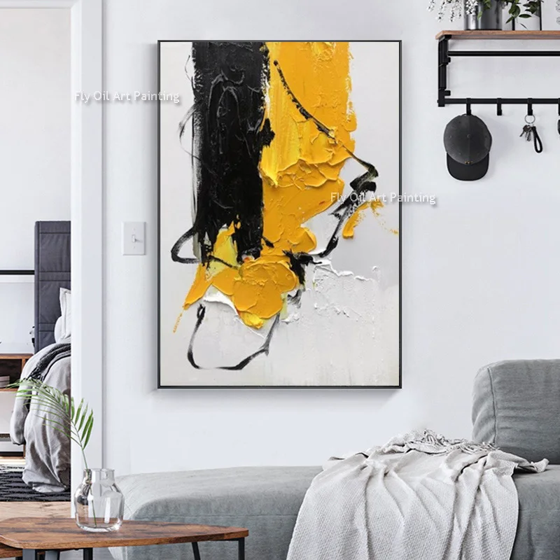 

Black Yellow Knife Thick Abstract Oil Painting Original Minimalism Design Hand Painted Abstract Canvas Wall Art Decor For Room