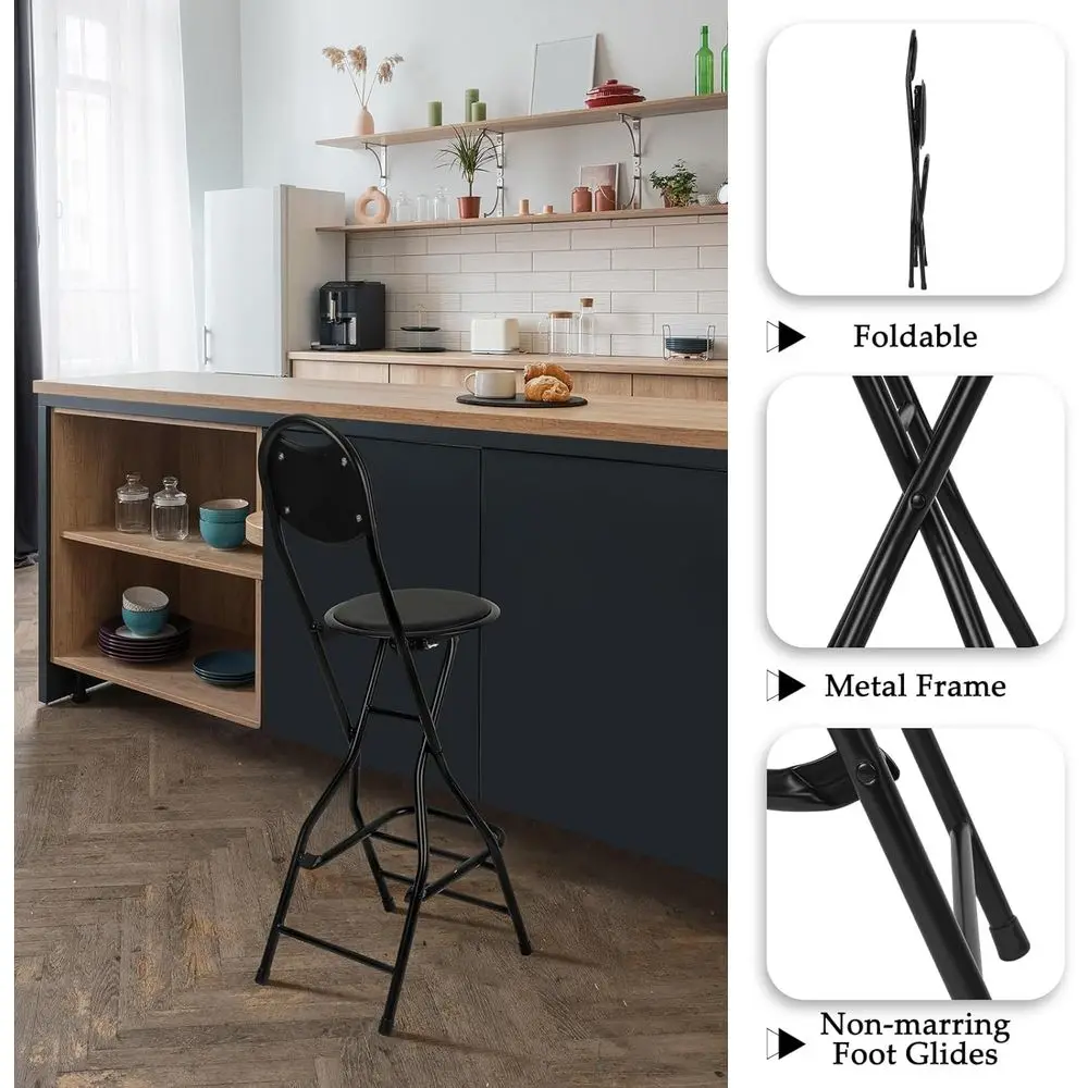 Sgabello da bar pieghevole imbottito in pelle, altezza 26 posti, sedia pieghevole portatile per uso interno/esterno, nero