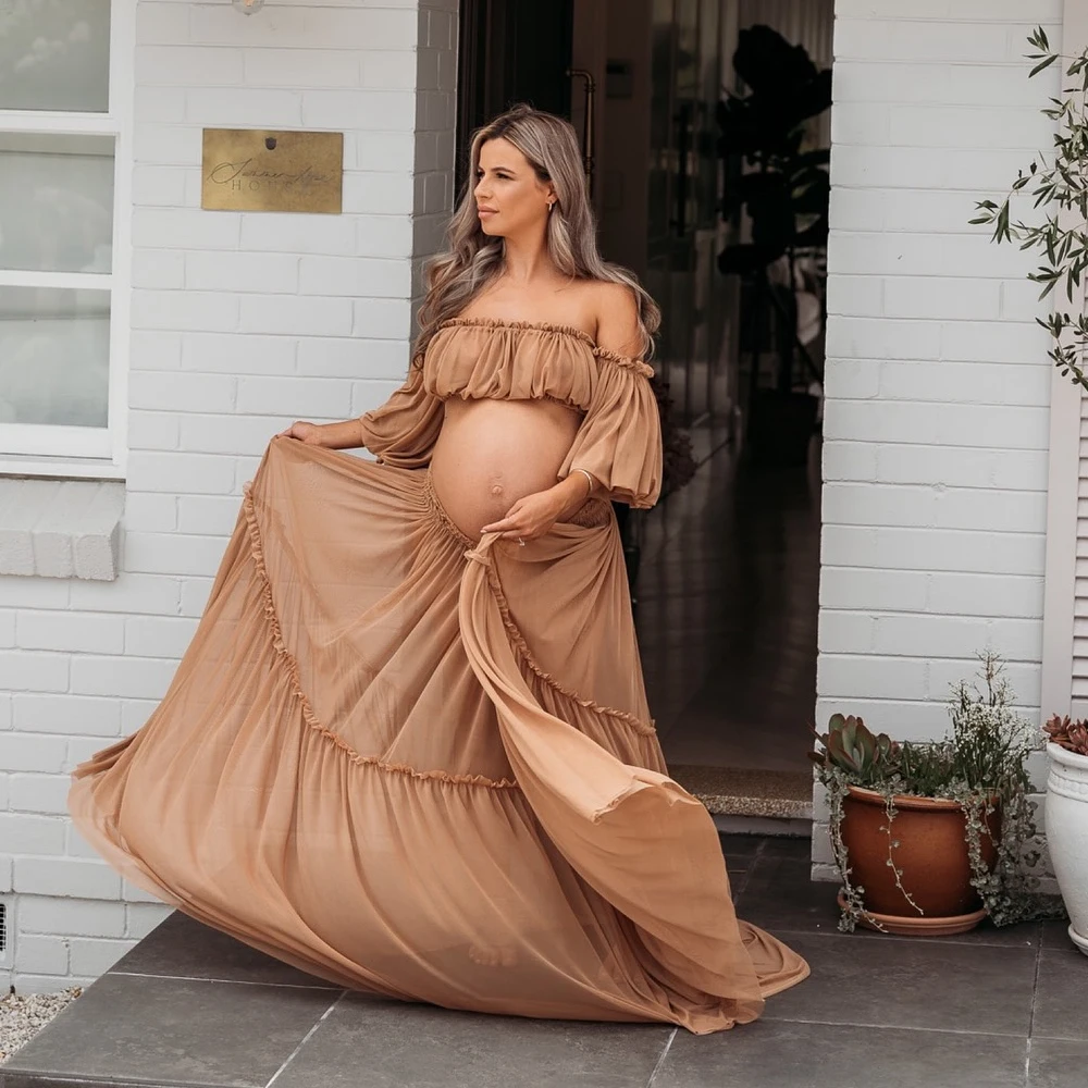 Maternity Dresses for Baby Showers Chiffon One Shoulder Lace Long Sleeve Two Piece Dress Bohemian Photo Shooting Pregnancy Dress