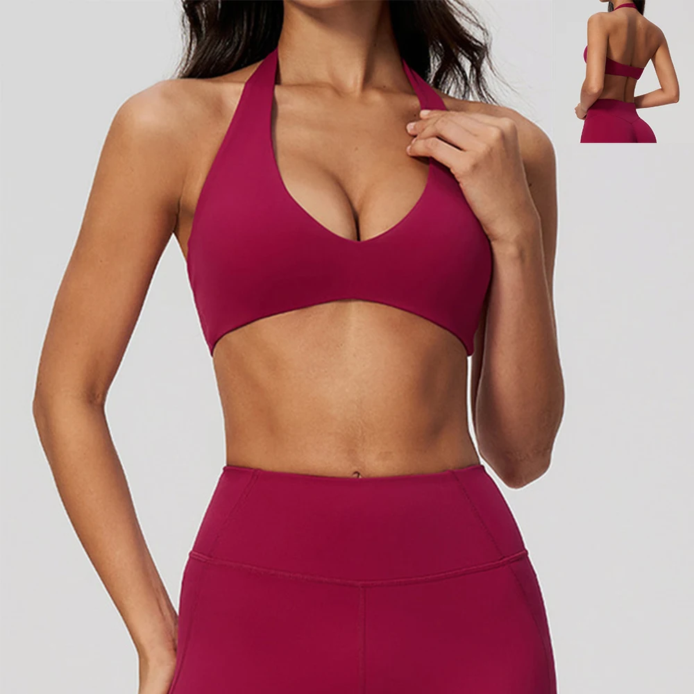 Halter Yoga Bra Women's Deep-V Sports Underwear Push Up Workout Gym Crop Top Female Running Fitness Bra Sportswear Activewear