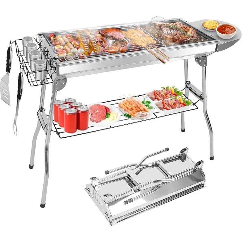 Portable Charcoal Grill, Upgraded Folding Large Barbecue Charcoal Grill W/Board Shelf & Flavoring Storage Basket