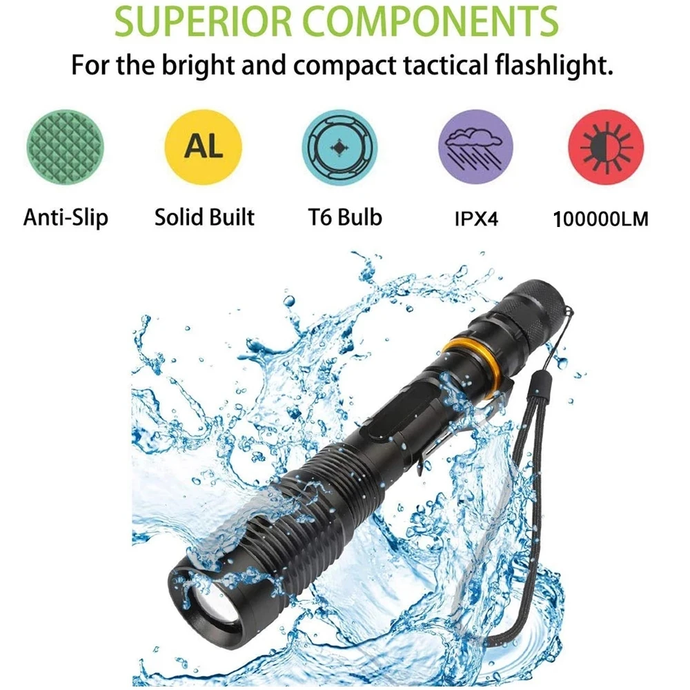 Super Bright LED Flashlight Most Powerful T6 Torch Waterproof Tactical Flash Light Zoomable Hand Lamp Outdoor Hiking Latern