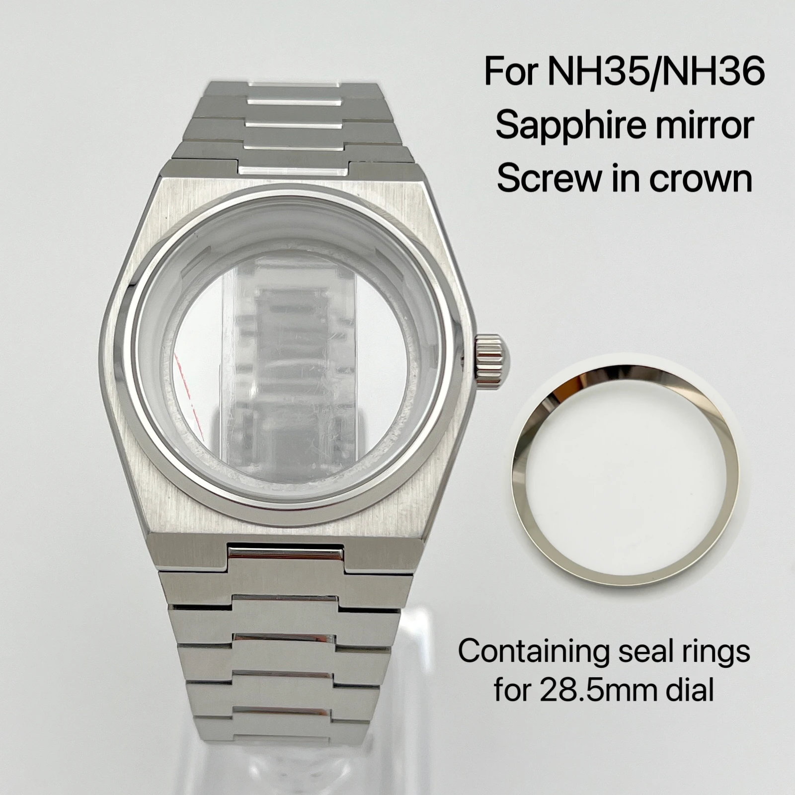 New NH35 case, watch accessories, silver case+strap, sapphire mirror, dial diameter 31.8mm image 3