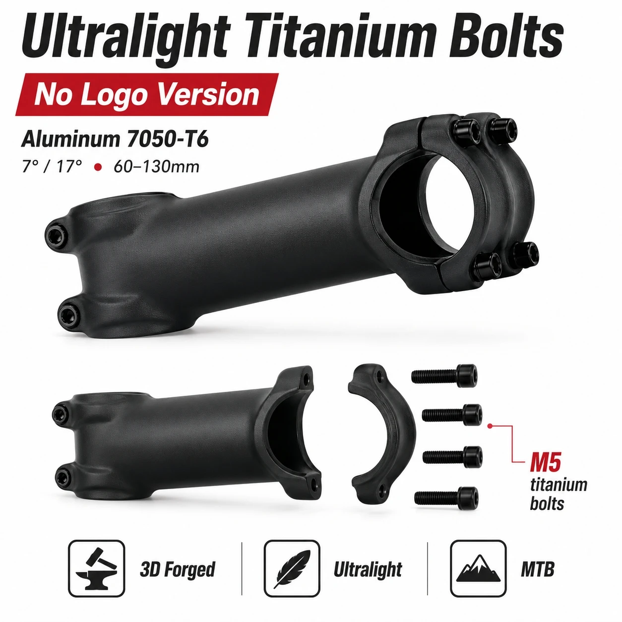 UNO Bike Stem 28.6mm MTB Aluminum Matte Black -7°/-17°