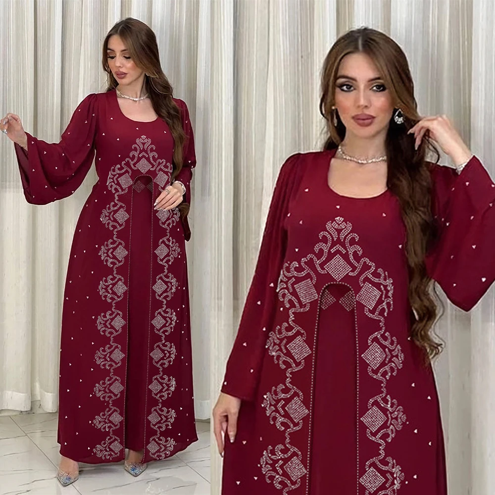 

Fake 2pcs Dress Diamonds Printing Abaya Muslim Round Neck Women Jalabiya Fashion Caftan Long U-shaped Hollowed Hem Robe Musulman