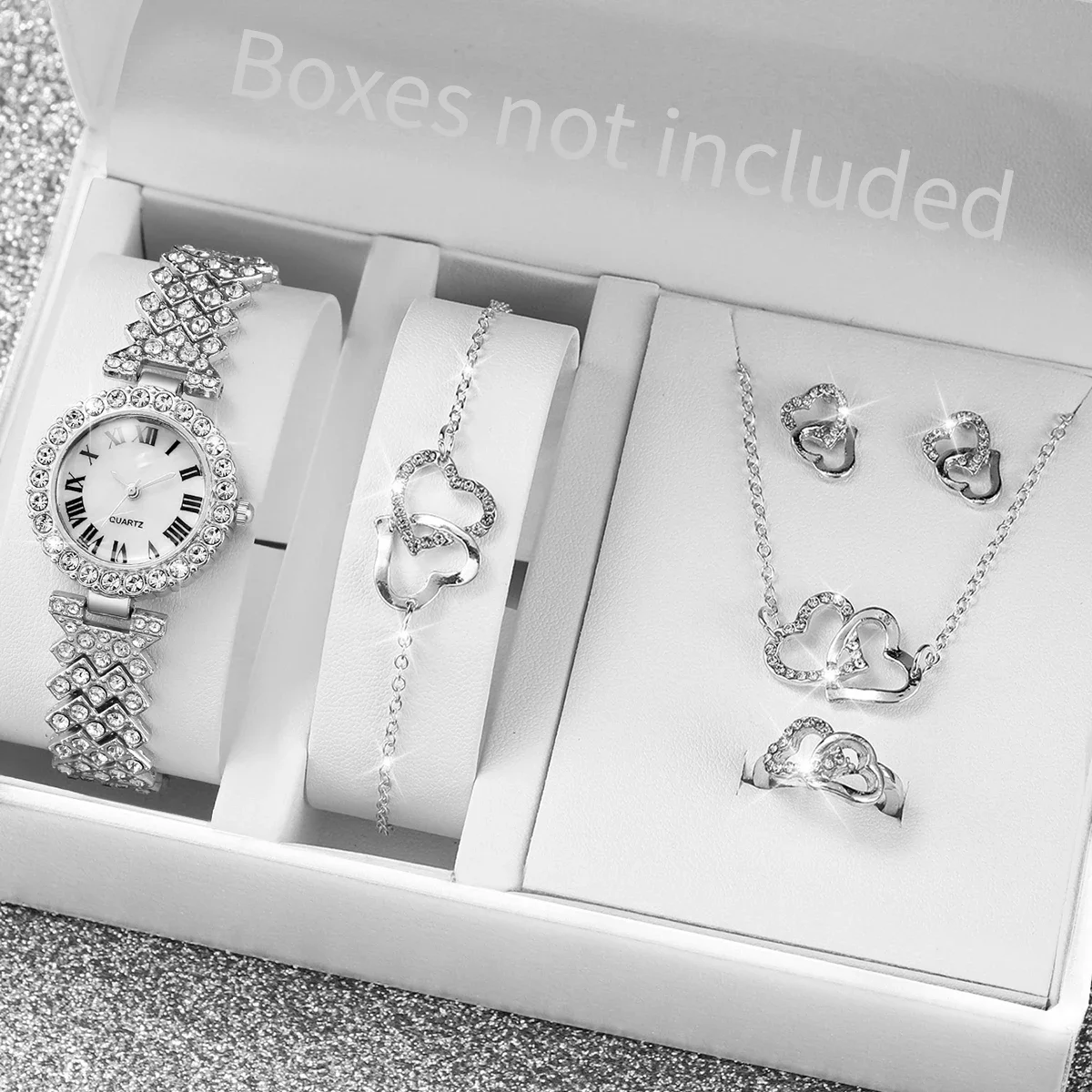 6PCS/Set Fashion Roma Dial Women\'s Watch Full Diamond Steel Band Quartz Watches Rhinestone Heart Jewelry(Without Box)