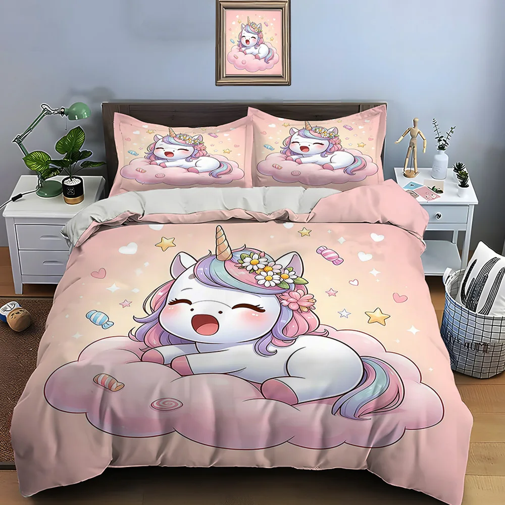 Cute unicorn with candy cloud Pattern Duvet Cover Set Digital Print Polyester Bedding with Zipper Closur for kids gifts