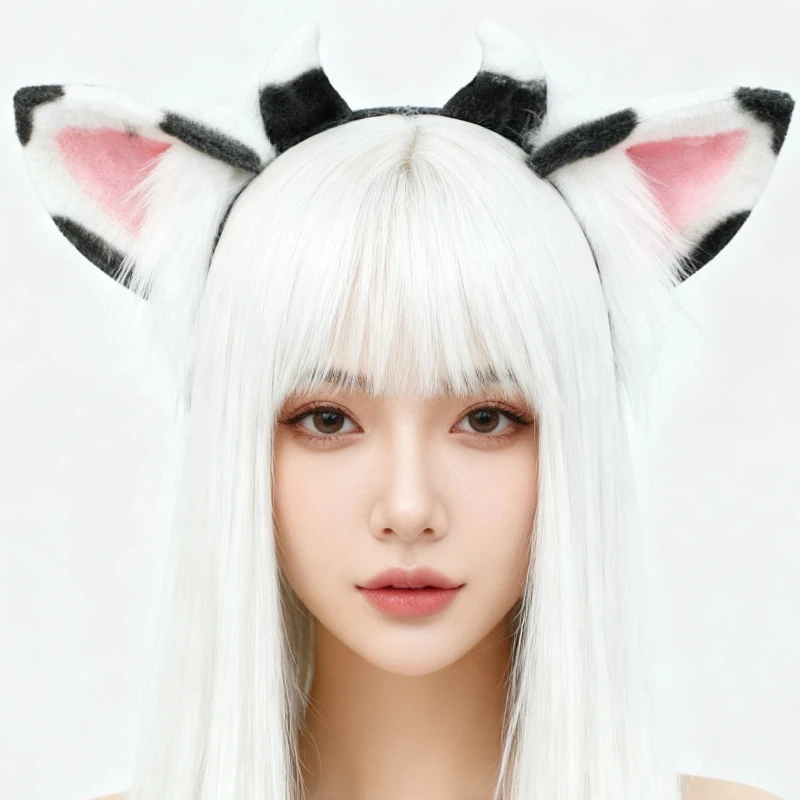 

Повязка на голову с пушистыми молочными коровьими ушками, повязка на голову с мультяшными коровьими ушками, модные аксессуары для волос в стиле аниме, косплей, пушистый плюшевый обруч для волос с ушками животных