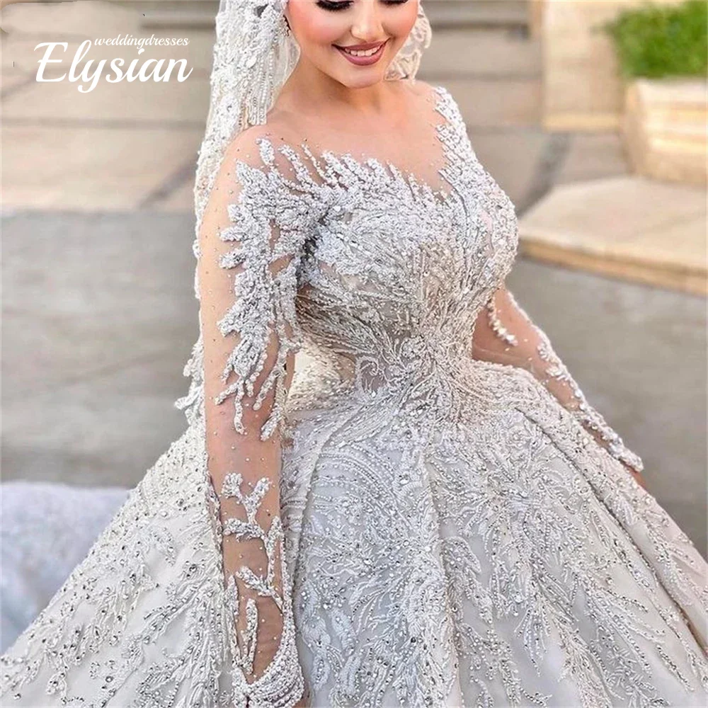 

Customized Ball gown Wedding Dress with Long Illusion Sleeves Embroidery Bride Dresses O Neck Vestidos De Novia