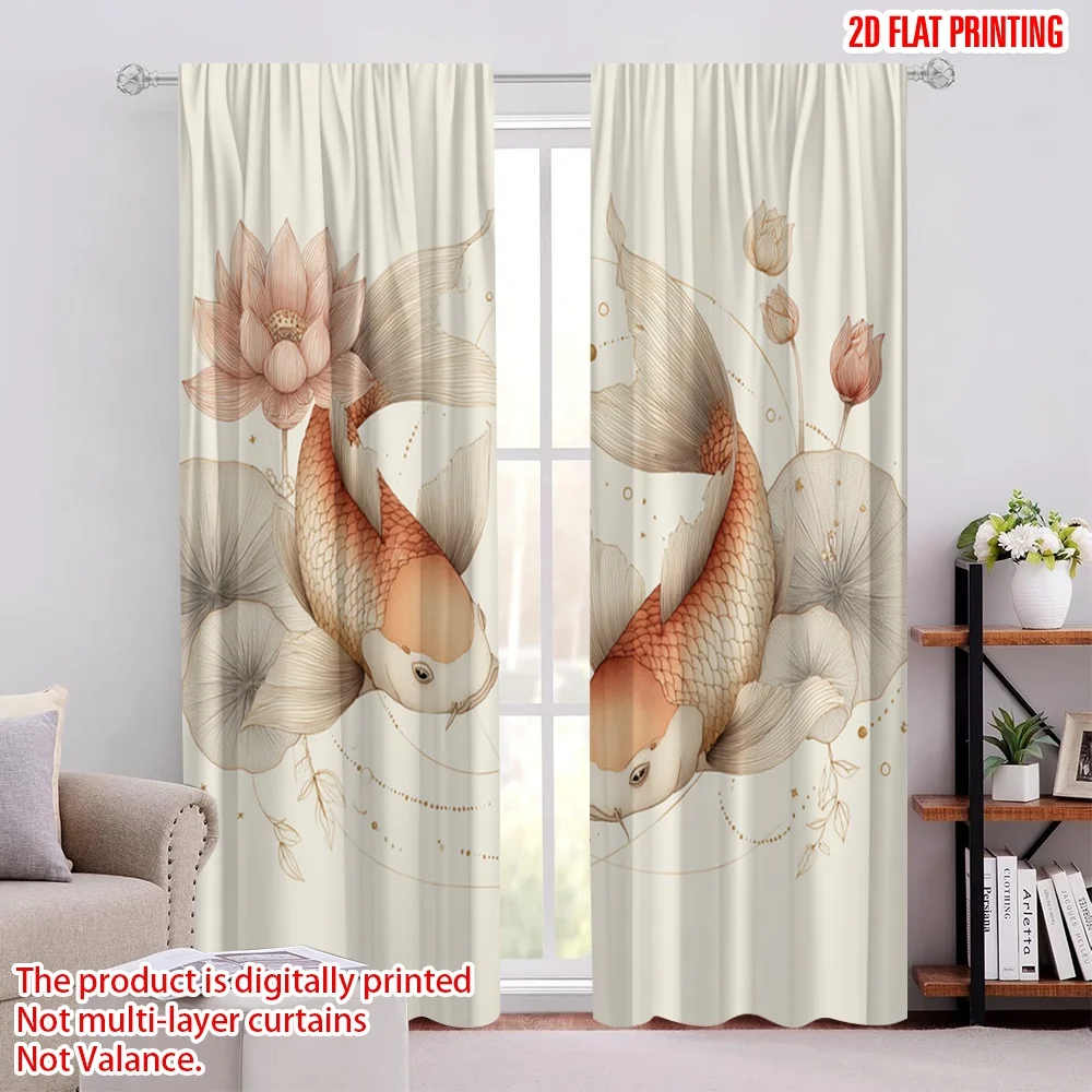 

2pcs 2D flat printing Scene Curtain Two Koi Fish Lotus Digital Printed Polyester Drapes Festive Holiday Use for Parties and