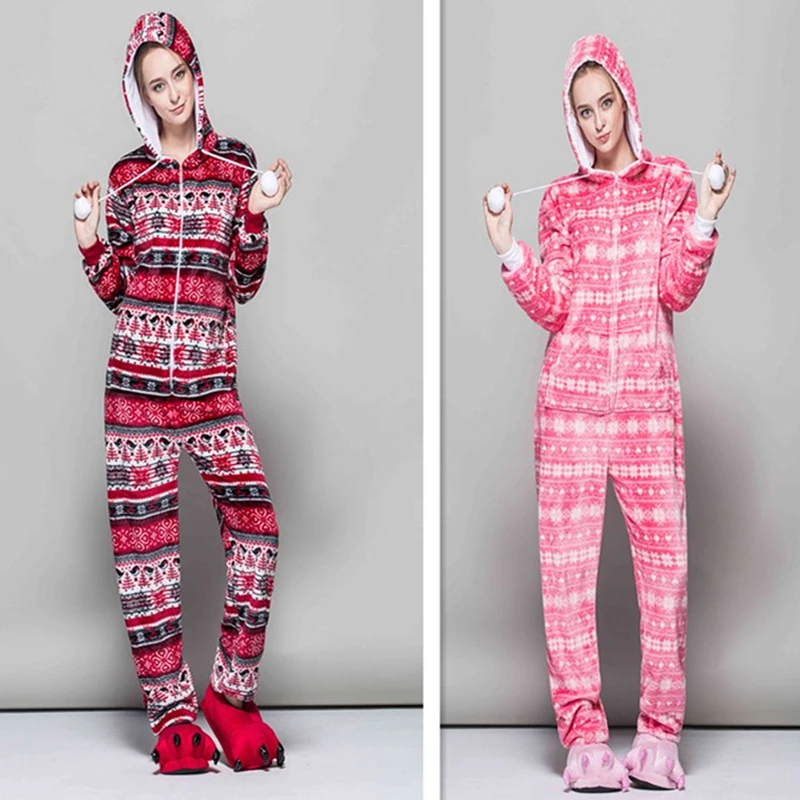 

Women Long Sleeve Fleece Hooded Jumpsuit Pajamas New Year Christmas Snowflake Print Onesie Bodysuit Holiday One Piece Costume