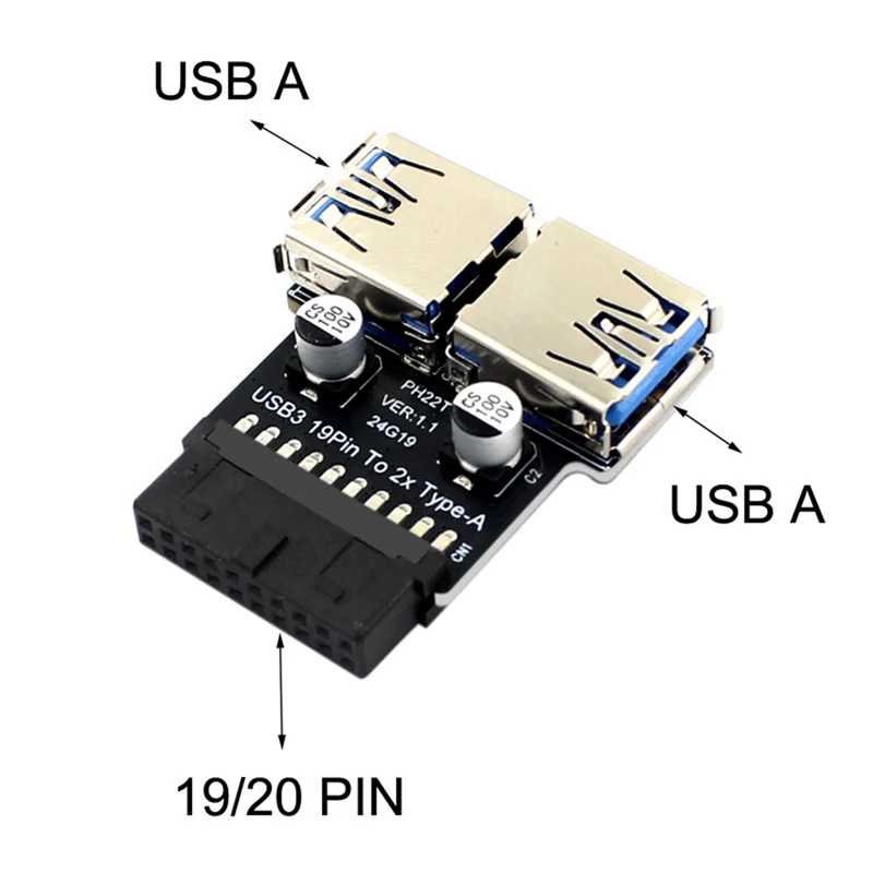 -MEOF 19-контактный адаптер на двойной USB3.0/3.1 19P/20P на двойной тип A, гнездовой преобразователь переднего разъема, адаптер USB 3.0, вставной разъем