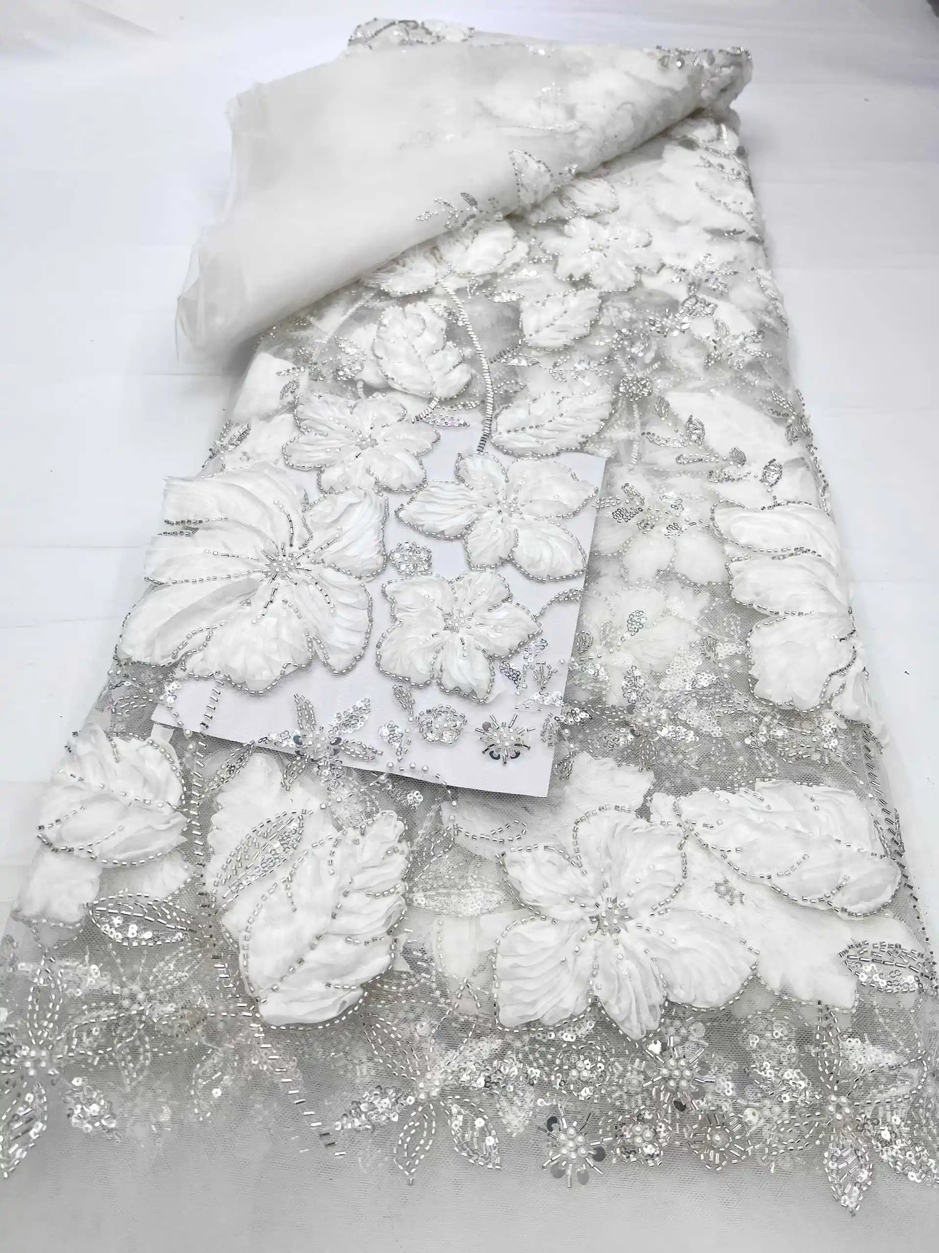

New Nigerian High-Quality Tulle Lace Fabric African Mesh Net with Beads And Sequin for Elegant Women's Party Dresses 2025
