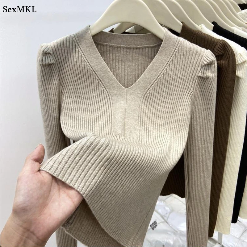 Elegant V Neck Winter Basics Sweater Women Pullovers Casual Long Sleeve Y2k Clothes Slim Knitwear Jumpers Knitted Black Tops