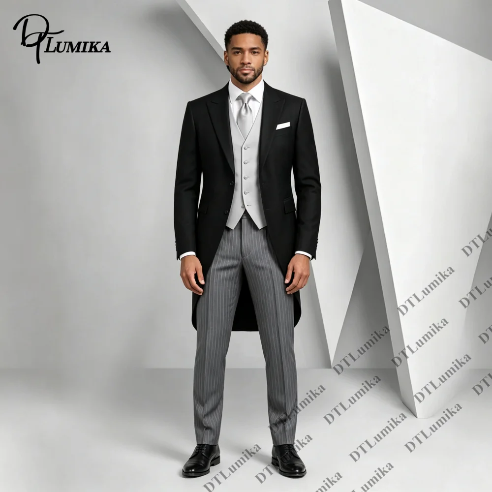 Three Piece Men Formal Suit Ensemble Tailcoat Vest with Striped Pants Opear Ball Classic Wedding Ceremony Grand Formal Tuxedo
