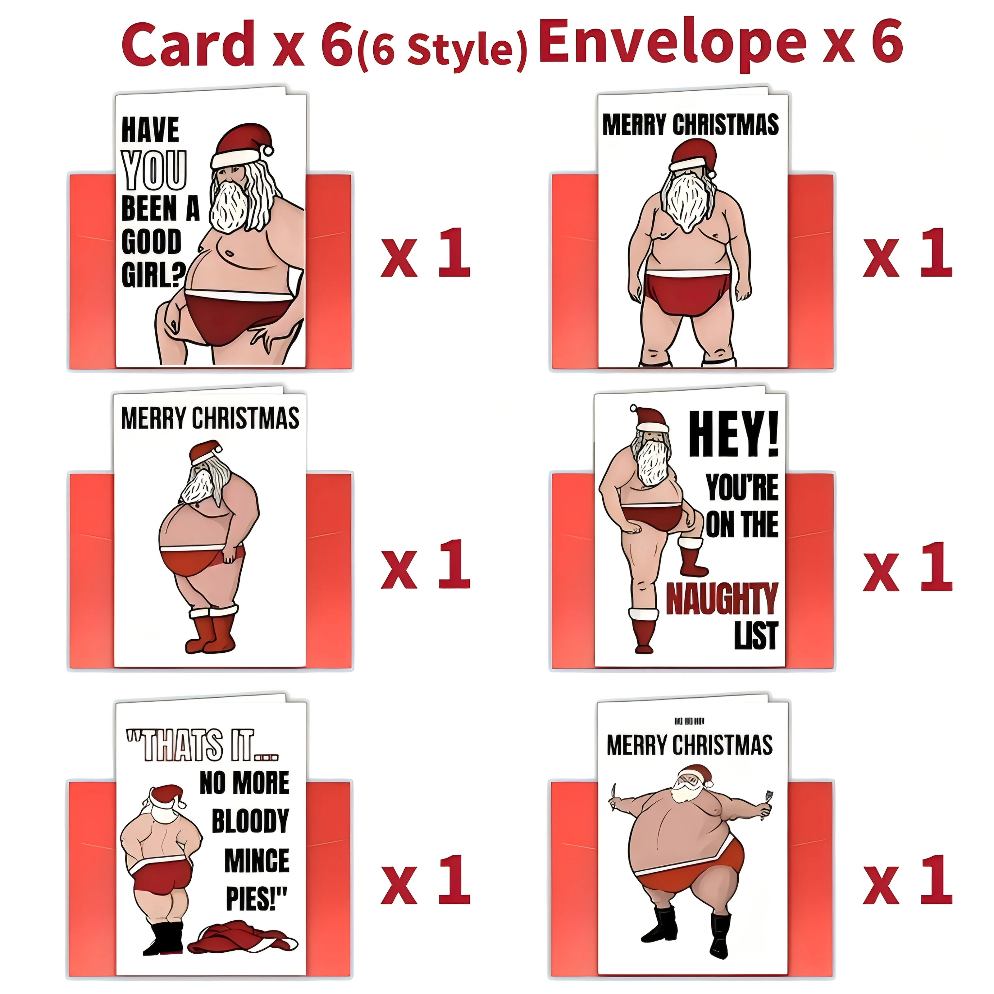 12pcs Funny Santa Claus Christmas Cards with Envelopes - Naughty Santa in Red Swim Trunks, Birthday Boy/Merry Christmas Quotes - view 4