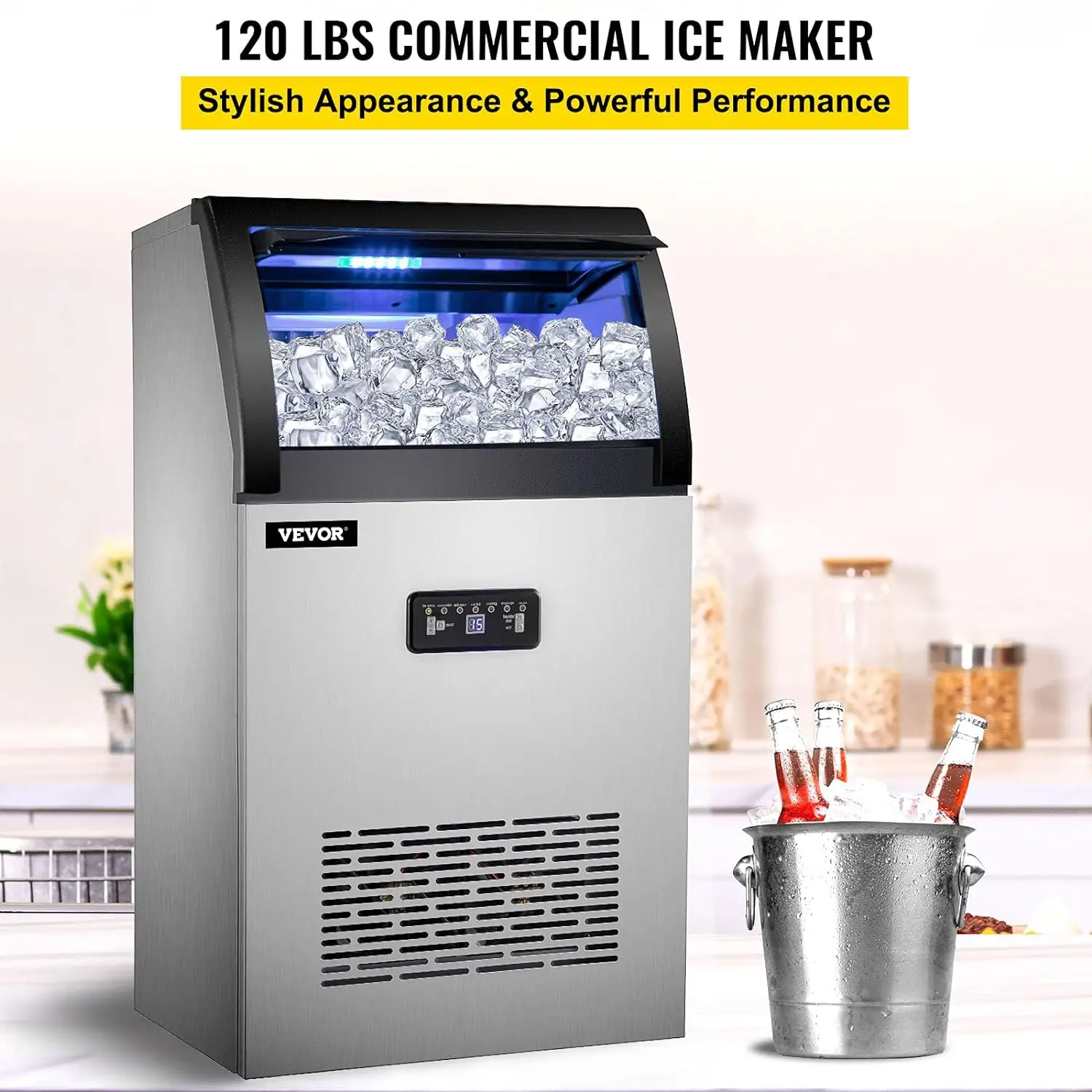 Commercial Ice Maker Machine, 119 LBS/24H Stainless Steel Under Counter Ice Machine with 24 LBS Storage for Home Office