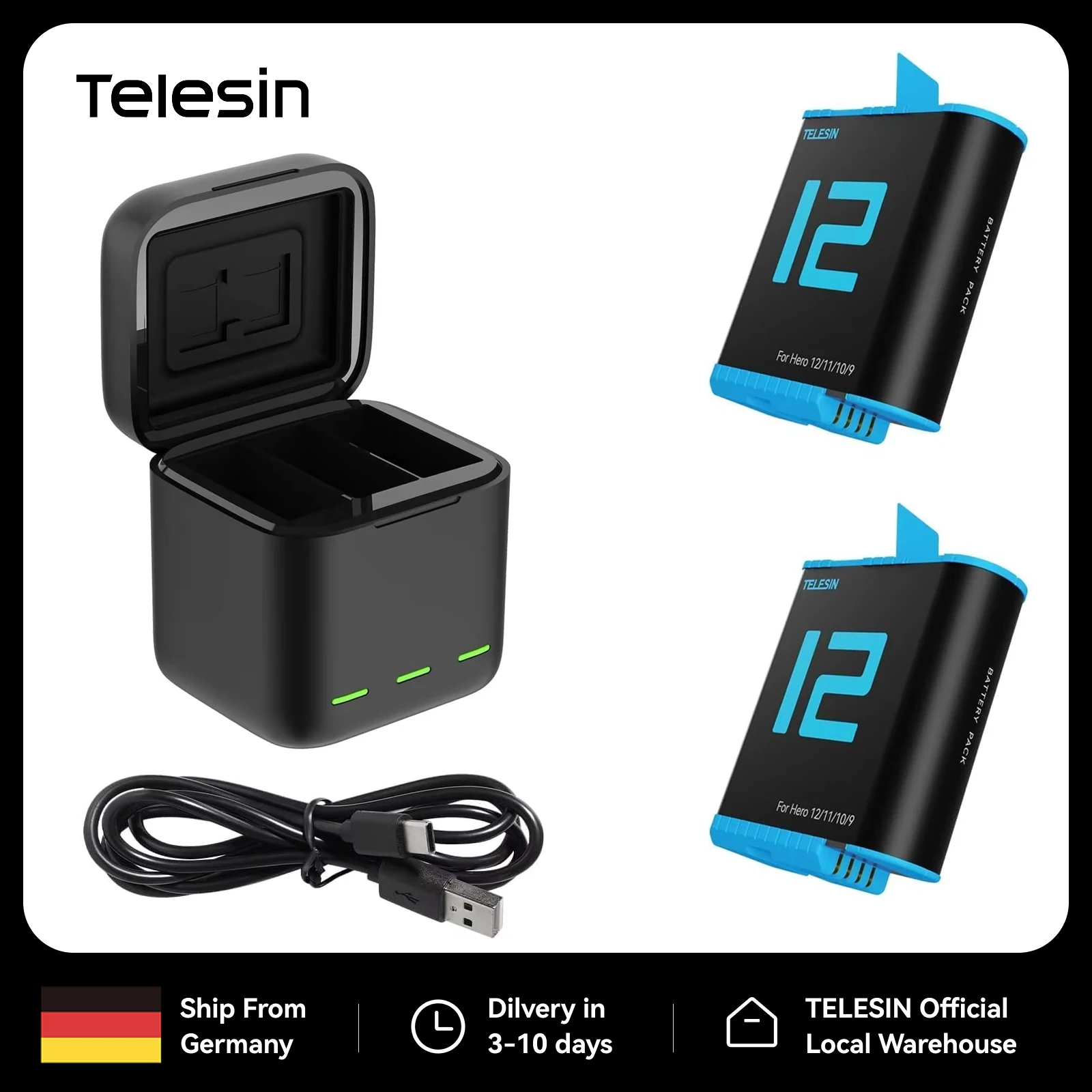 Kit de chargeur de batterie TELESIN pour GoPro Hero 12 11 10 9 Black, 2 batteries, étui à 3 emplacements de charge pour batteries GoPro, accessoires