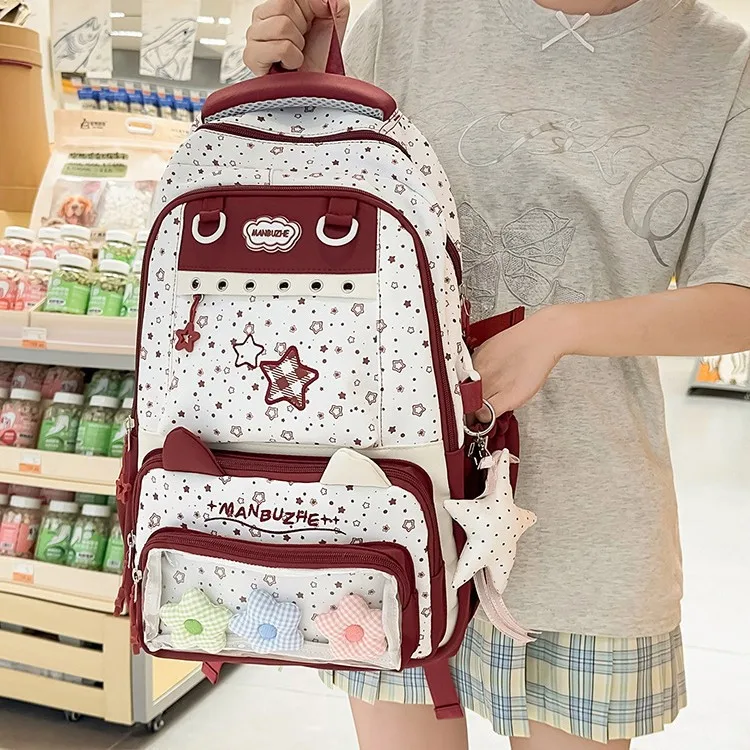 New Cat Ear Backpack For Teen Girls Polka Dot Star Decor Large Capacity Middle High School Student Ita Bag