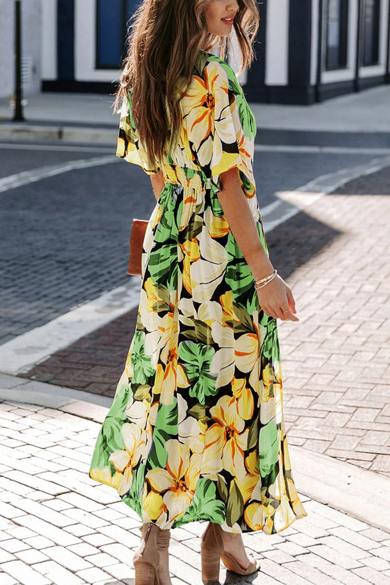 VEITCHE Sommer Frauen Drucken Lange Kleid Sexy V-ausschnitt Hohe Taille Split Böhmen V-ausschnitt Fledermaus Ärmel Urlaub Party Dame Vestido