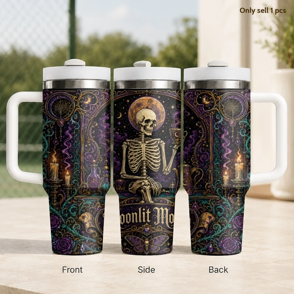 Midnight Skeleton Coffee Vacuum Flasks 40oz Stainless Steel Travel Tumbler with Handle Straw Lid Double Wall Vacuum Insulated
