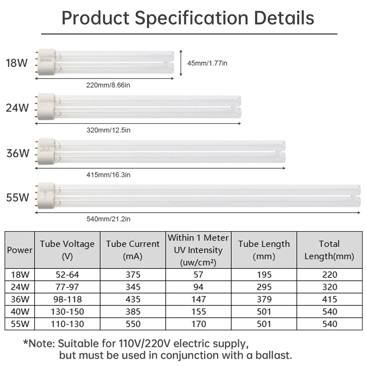 УФ-лампа с 4-контактным цоколем 2G11, УФ-С лампы 18W 24W 36W 40W 55W для очистки воздуха / очистки прудов