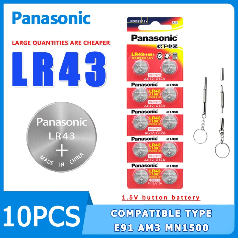 Panasonic-Batería de botón LR43 de 1,5 V para relojes electrónicos, juguetes, controles remotos, calculadora científica, termómetros Casio, 10 Uds.