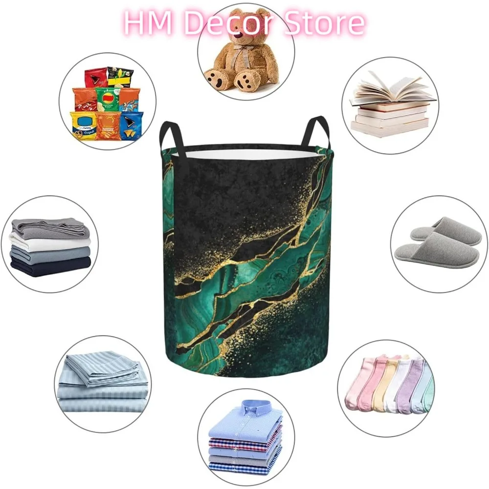 سلة غسيل من الرخام الأسود والأخضر مع عروق ذهبية مع مقبض قماش قابل للطي مقاوم للماء سلة تخزين مستديرة للخفافيش #6