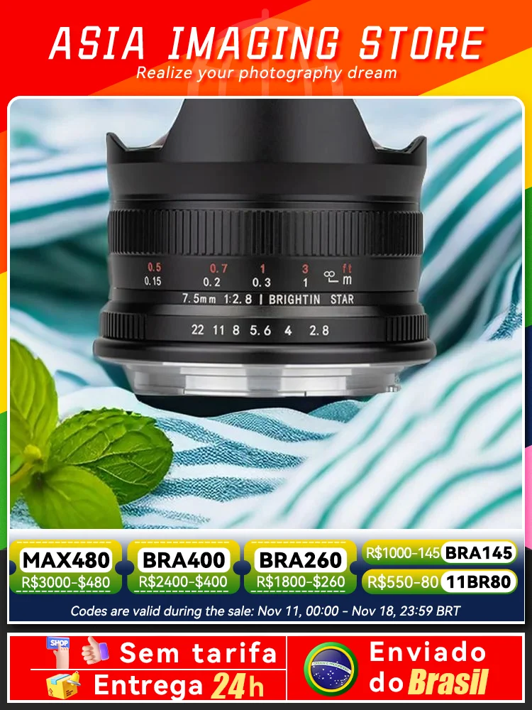 【 Do Brasil 】 Brightin Star 7.5mm F2.8 II Mirrorless Camera Wide Angle Fisheye Lens for Sony Canon EF-M Fujifilm Nikon 7.5 2.8