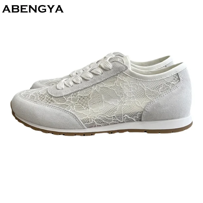 Autumn Lace Mesh Flat Loafers Shoes Women Round Toe Lace Up Casual Shoes Designer Party Vacation Shoes Women Driving Walk Shoes