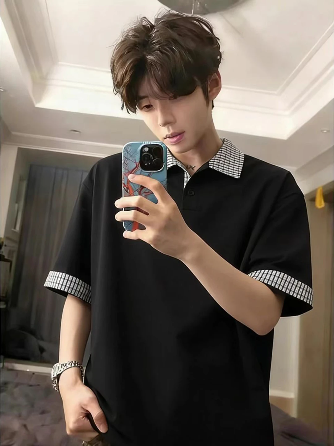 

Мужская летняя футболка с коротким рукавом в американском стиле, с клетчатыми вставками, воротником Хенли, для молодежи, с охлаждающим эффектом Solona