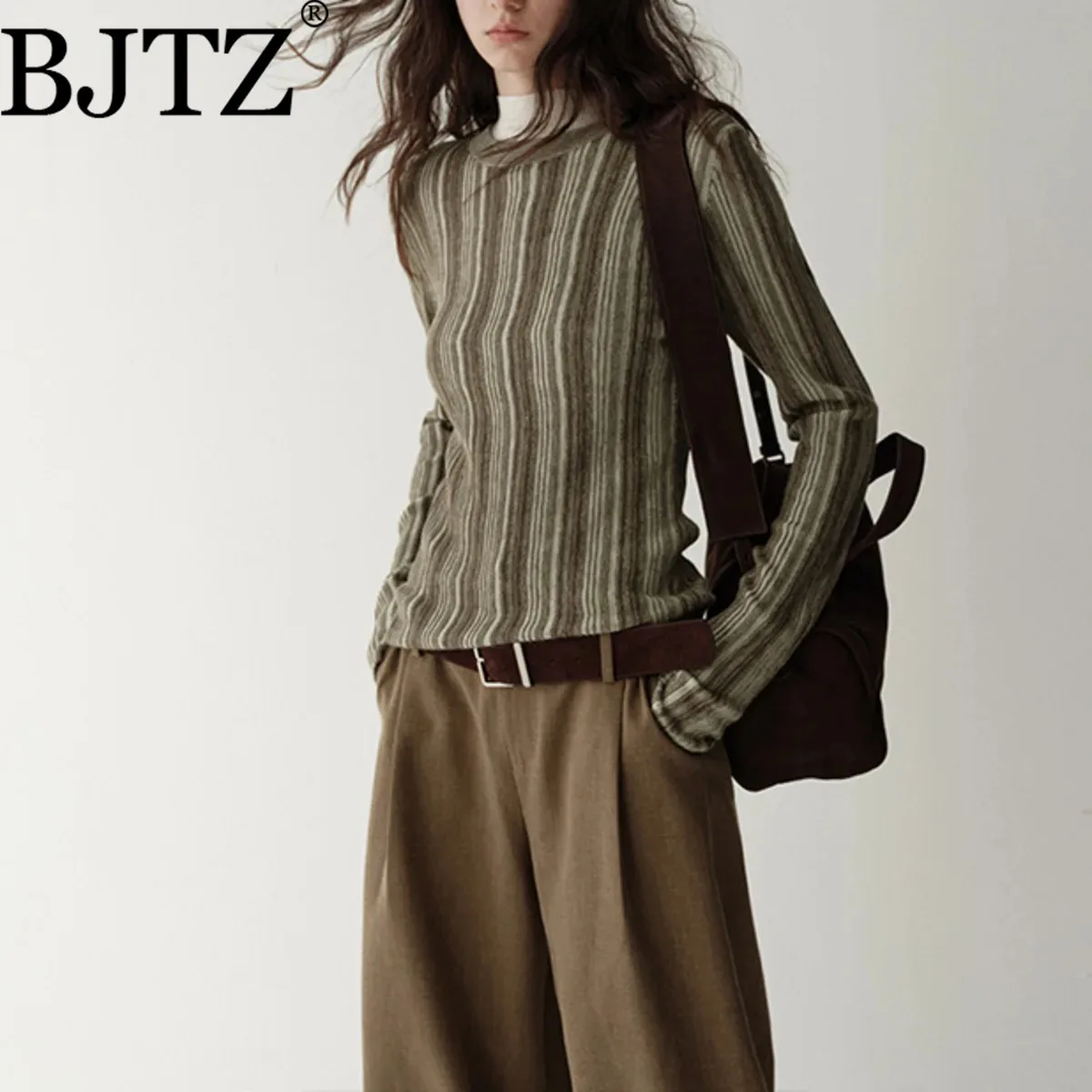 

BJTZ Women’s Wool Color Block Sweater Irregular Round Neck Long Sleeve Winter Knit Top Fall Unique Design