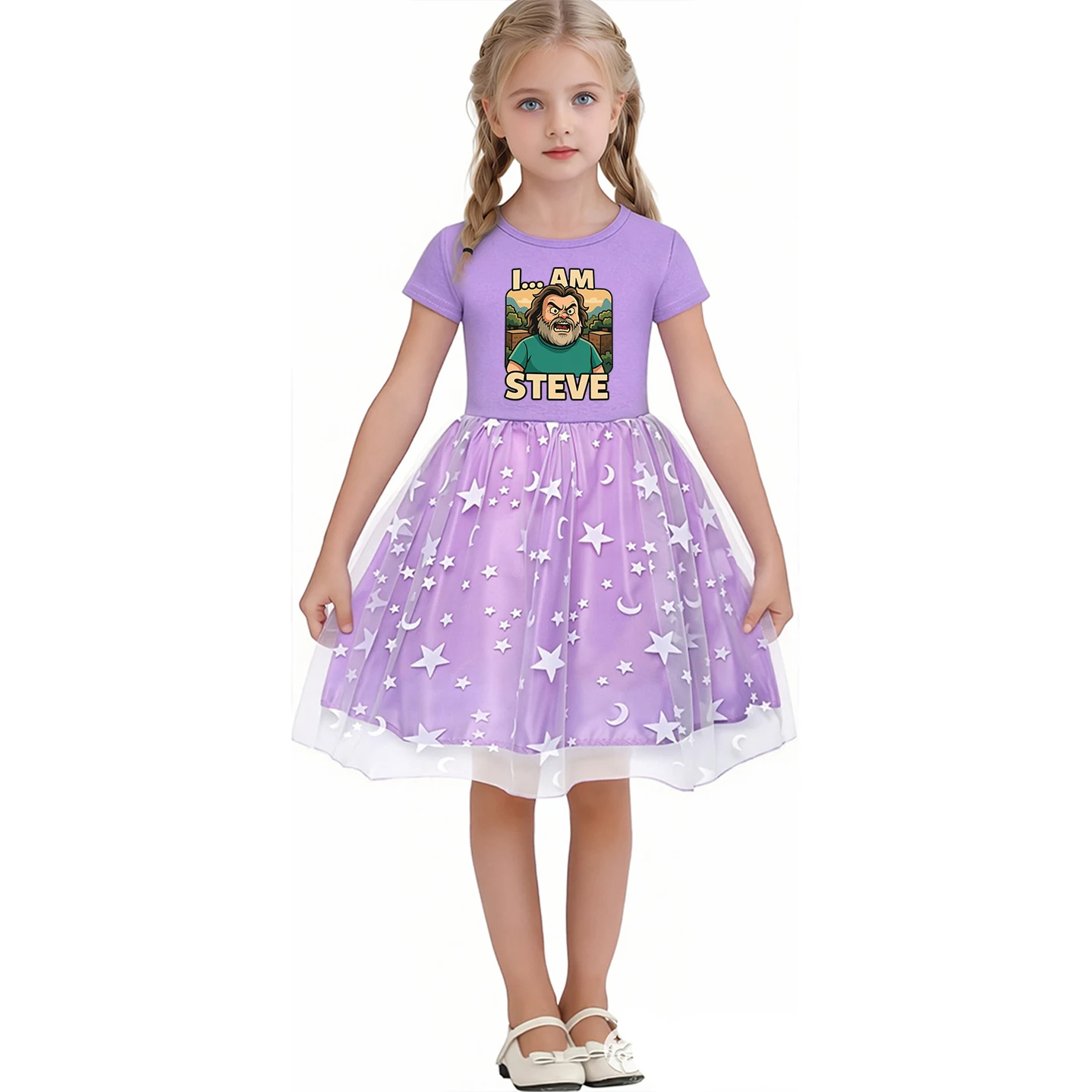 Cute Steve's Lava Chicken Cartoon Clothes Kids Wedding Party Lace Dress Baby Girl Short Sleeve Casual Dresses Children Vestido