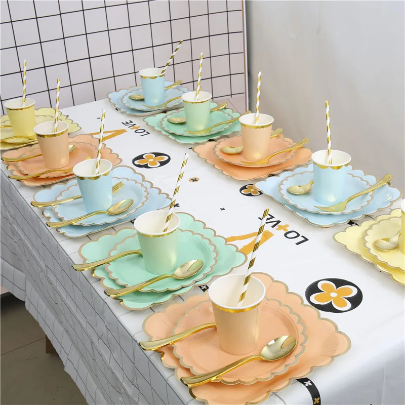 

10 sets Child birthday party decoration dispoasble tableware dish cup fork spoon straw wedding food fruit salad dessert dish