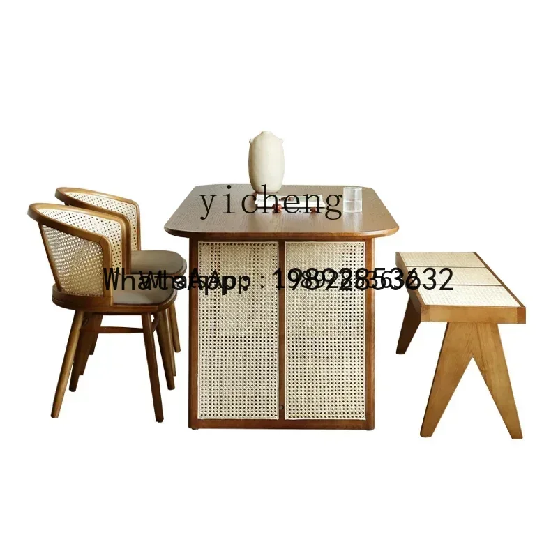 YZ wabi wind solid wood dining table household small apartment Nordic rattan dining table and chair combination