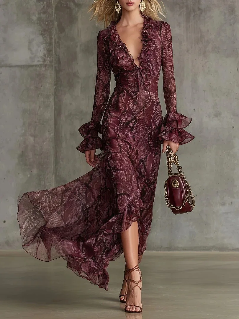 Elegant Fashionable Dress for Women Burgundy Chiffon Snakeskin Pattern Ruffled Flared Long-Sleeved Lace Up Maxi Dress