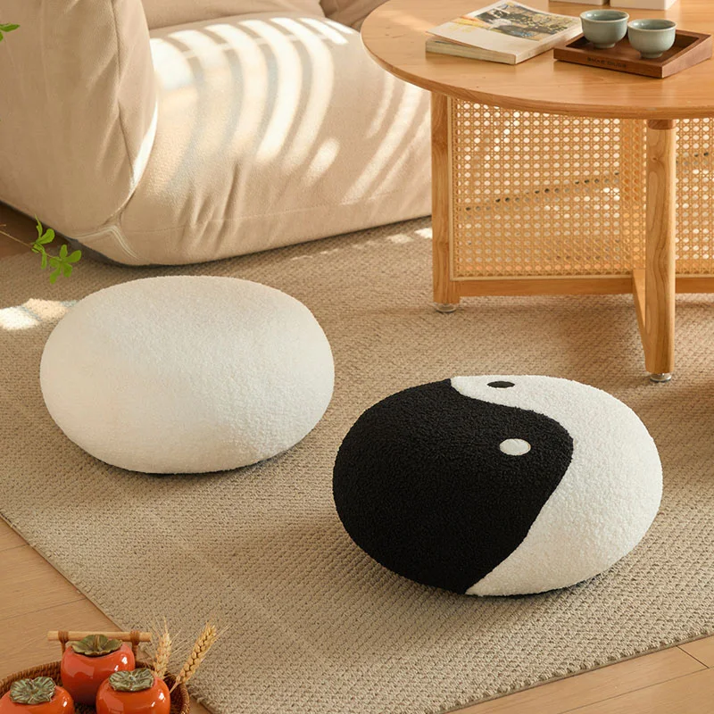 Sherpa Round Ottoman for Living Room, Soft Ottoman, Chinese Style, Soft Pouf Seat, Chess Piece, Creative, Black and White