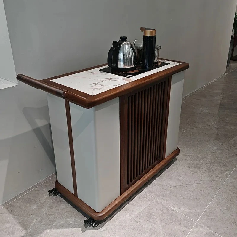 

Подвижная бытовая чайная тележка из цельного дерева. Чайный столик для небольшой квартиры и комбинированный стул, чайник, встроенный чайный столик.