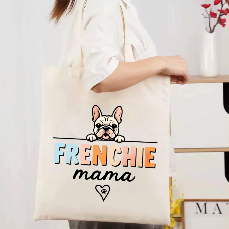 Bolso de mano de lona con estampado de perro madre, cubo francés de color crema, diseño en forma de corazón con estampado de pata, adecuado para compradores de amantes de las mascotas