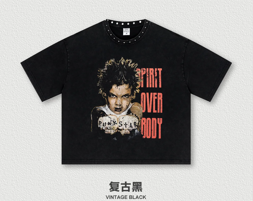 American Streetwear Boxy Punk Style Short Sleeve T‑Shirt Vintage Acid‑Washed Rivet Collar Loose Fit Unisex Tee