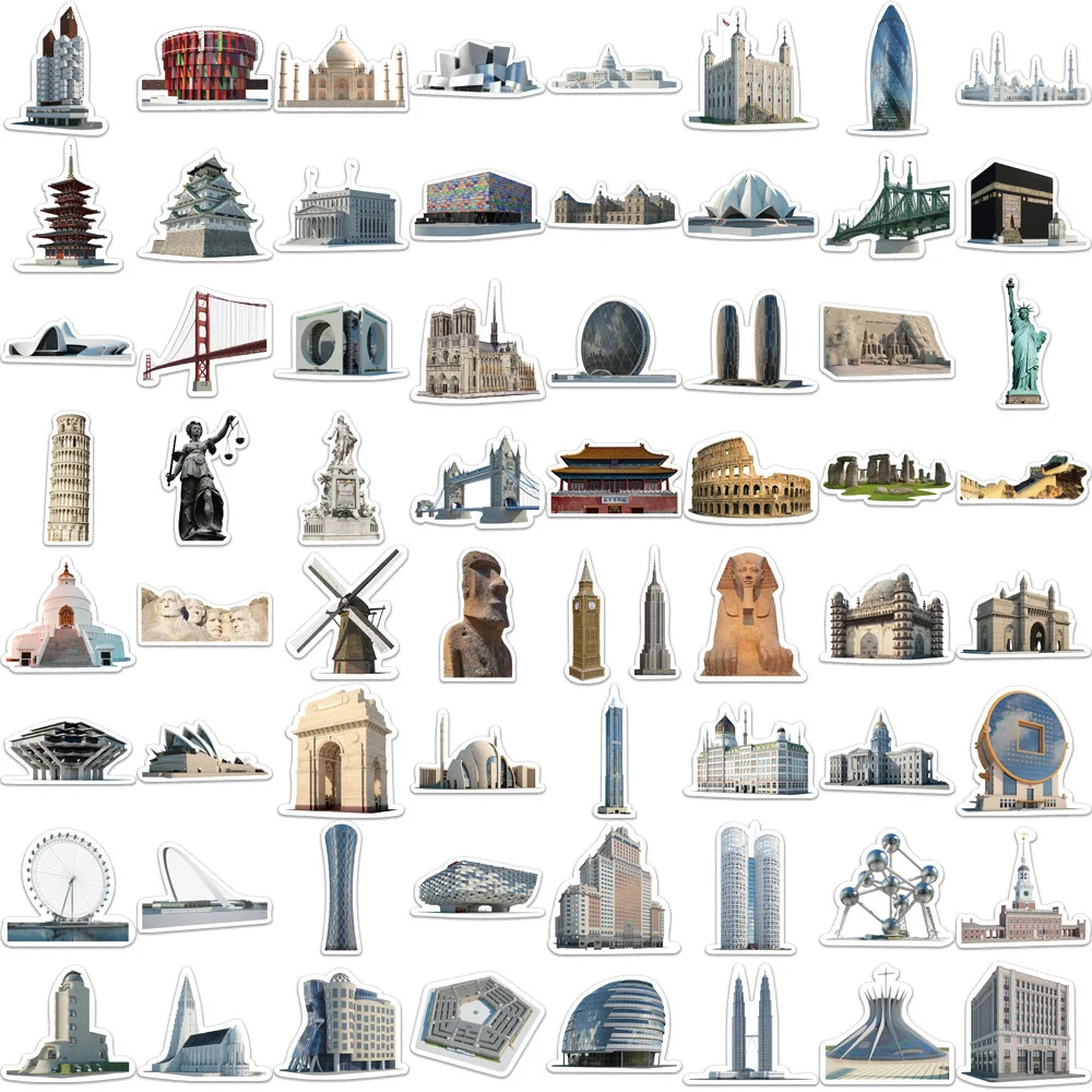 World Famous Buildings Stickers, Vintage Sticker, Scrapbooking Material, Craft Supplies, Guitar, Scrapbook, Phone, 65Pcs