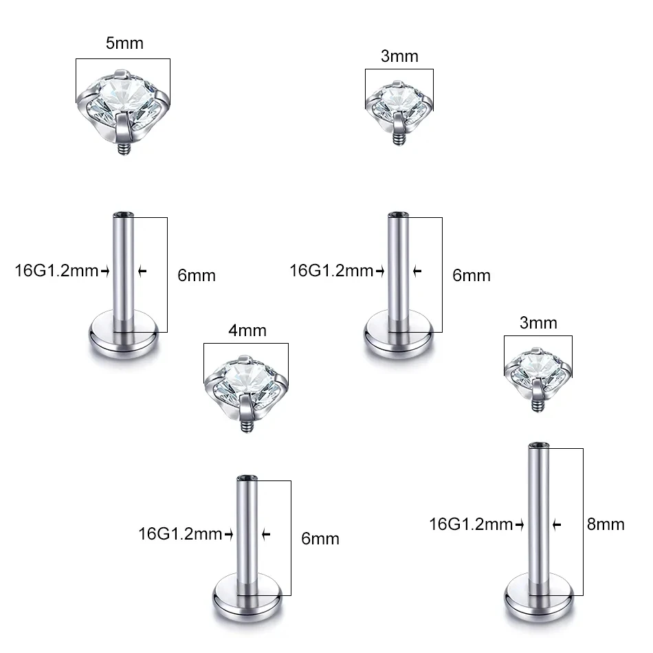 Steel Ear Tragus Stud para Mulheres, Rosca Interna, Labret Cristal, Anel Labial, Brinco De Cartilagem De Hélice, Piercing Corporal, 10Pcs por Lote