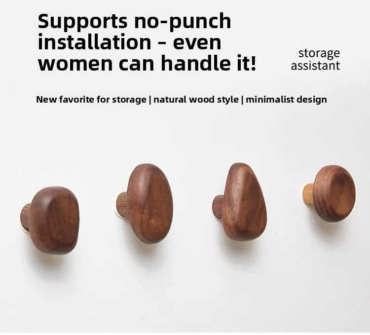 Scandinavian Solid Wood Handle Clothes Hook Coat Hook Wall-mounted Hook Punch-free Door Clothes Hanger Pebble Shape Cabinet Door