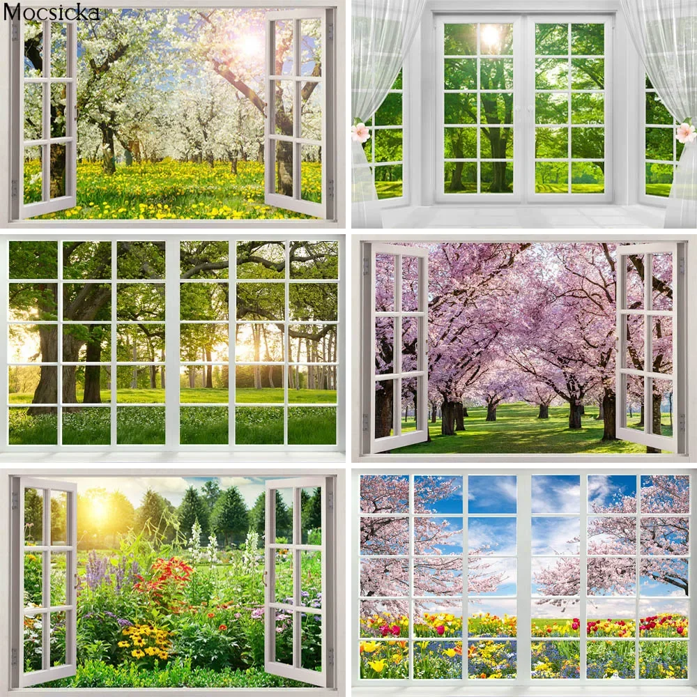 

Mocsicka Spring Green Forest Photography Backdrop White Windows Flowers Tree Adult Children Birthday Background Photo Studio