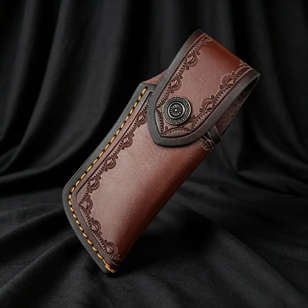 Portable Leather Knife Sheath Retro Embossed Pattern Cowhide Knife Cover for Pocket Folding Knives
