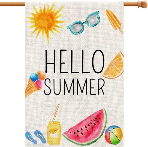 Hello Summer House Flag 28X40 Inch Double Sided Burlap, Beach Sign Yard Outdoor 7445036443408 AAV hhz
