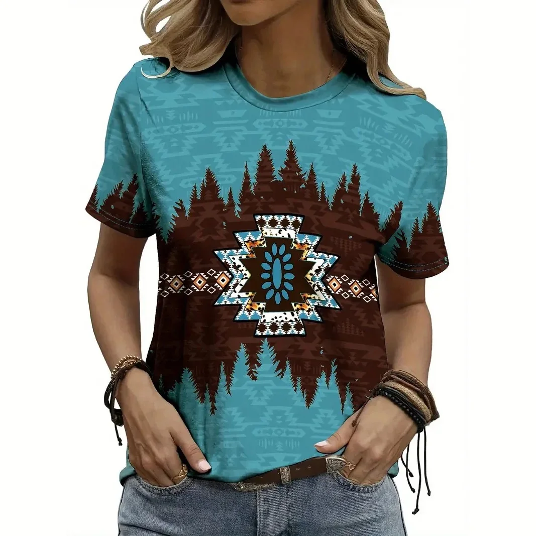 

Винтажные этнические футболки с геометрическим 3D принтом, женская повседневная футболка с короткими рукавами, уличная одежда Y2k, футболки в стиле Харадзюку, топы, женская одежда