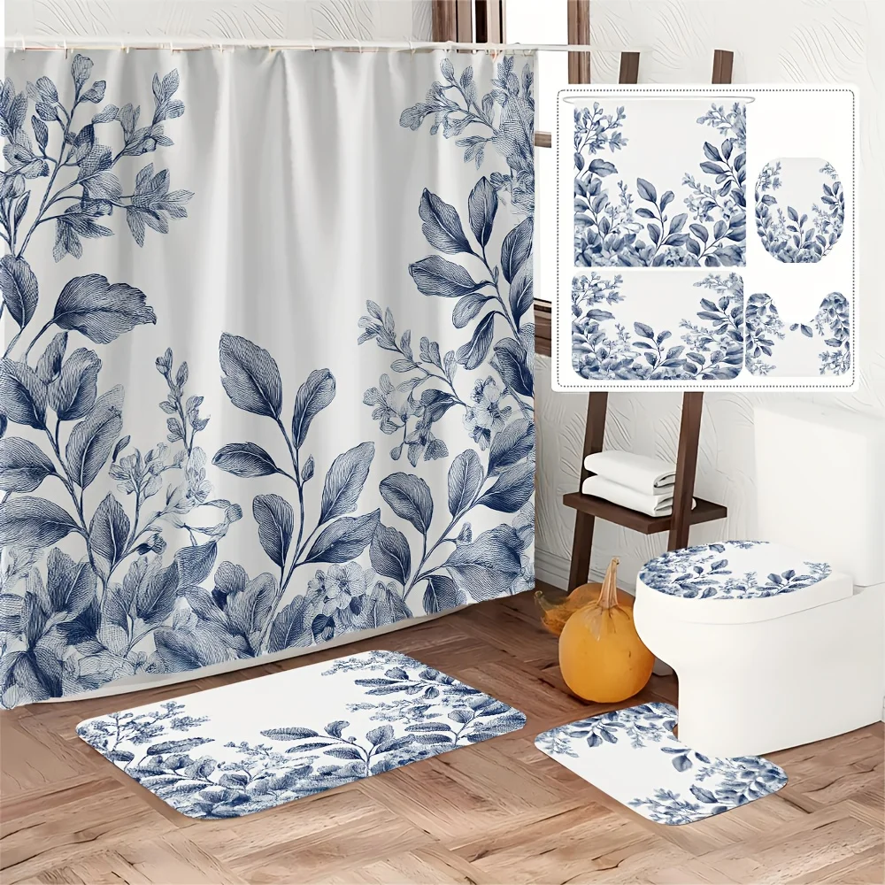 

Набор для ванной комнаты из 4 предметов синего цветочного узора из полиэстера, включает в себя занавеску для душа, коврик для ванной комнаты, U-образный коврик и коврик для унитаза.