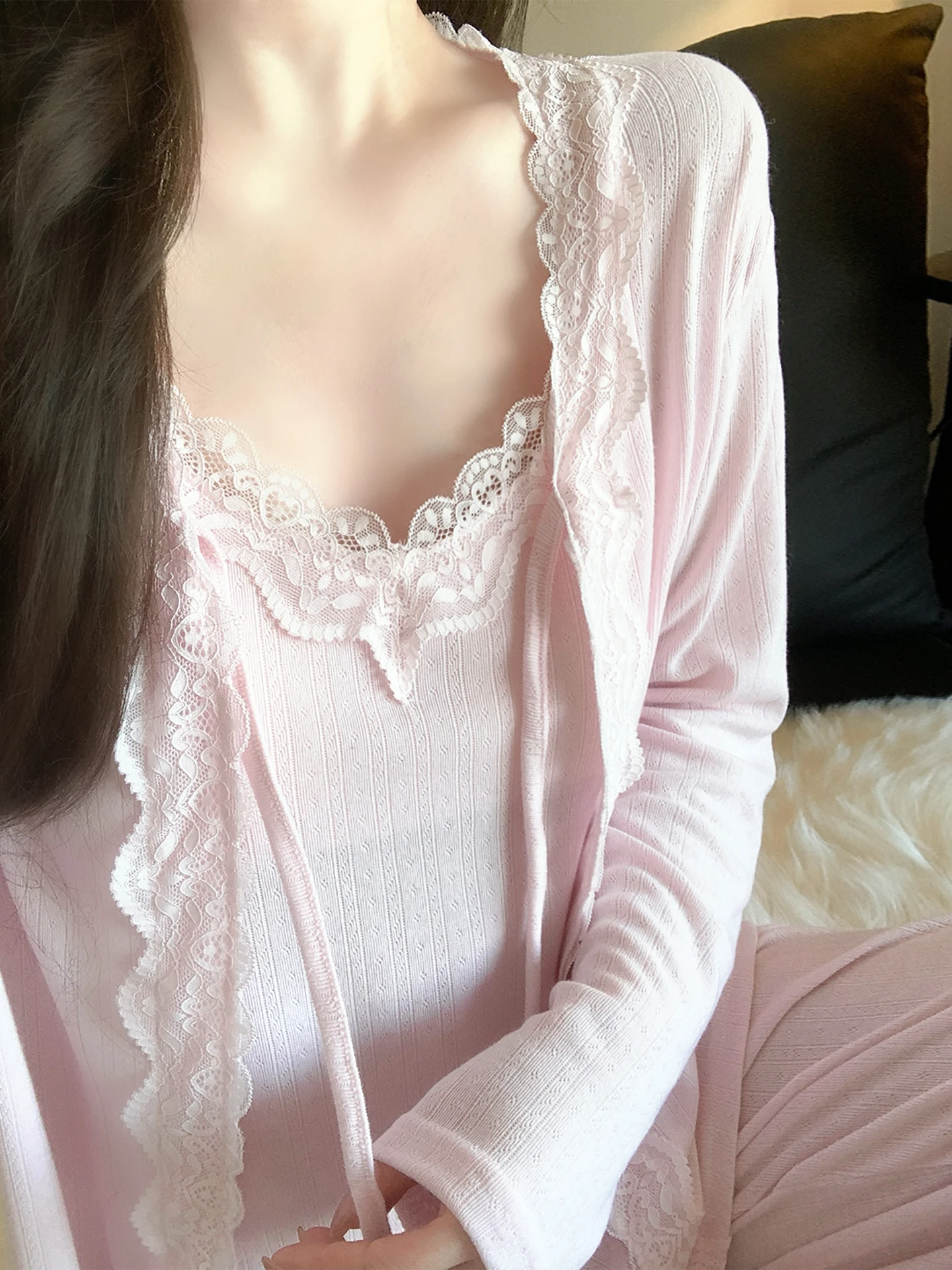 

Комплект для сна Pure Desire с кружевной отделкой и длинными рукавами, женская домашняя одежда с подкладкой на груди, весна-осень, комфортный, мягкий, с V-образным вырезом, открытый...